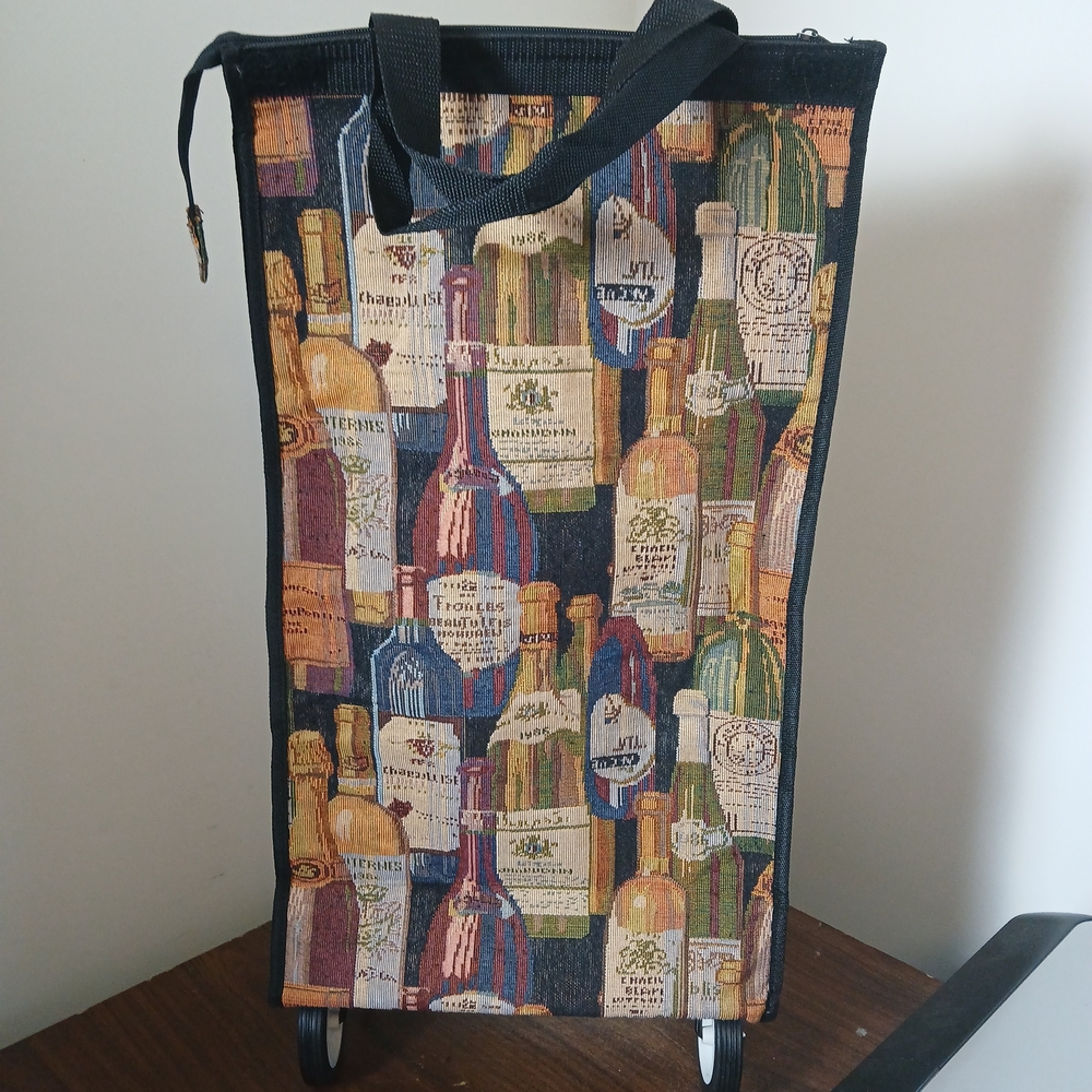 Tote-Style Rolling Shopping Bag in Multicolor Wine Bottle Print - Picture 1 of 5